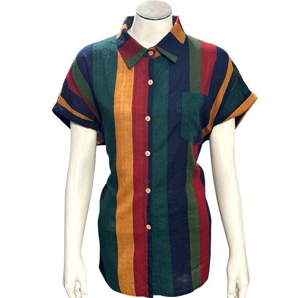 Classy City Chicks Tops - CCC Unisex Multicolor Striped Button Up Shirt Polyester Casual Retro Chic Large